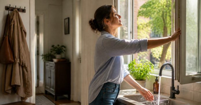 Energetic Hygiene: A Grounded Guide to Emotional Decompression Person opening a window and washing hands after a stressful day