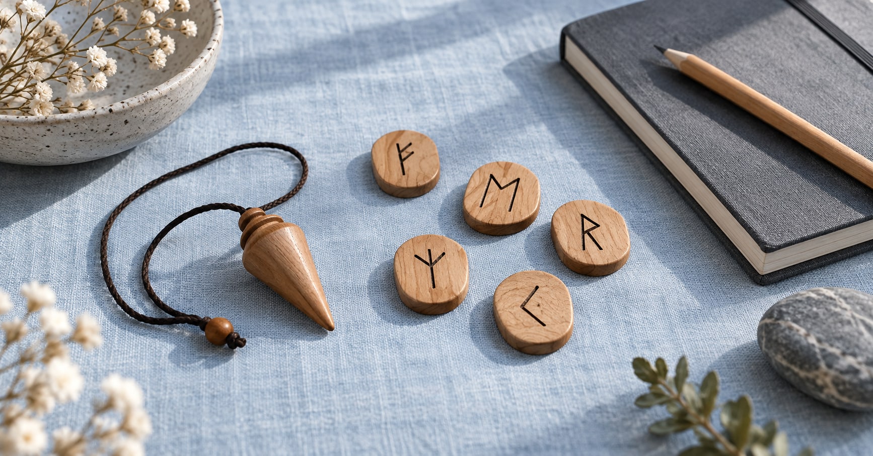 A resting wooden pendulum, rune tiles and a notebook on pale blue linen.