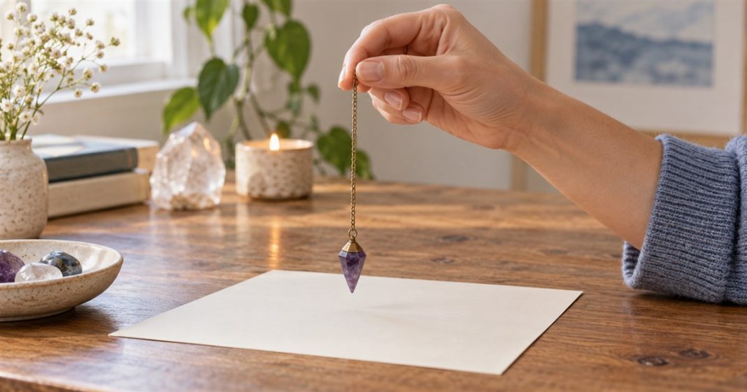 How to Calibrate a Pendulum for Consistent Answers A small pendulum suspended above a blank practice sheet on a steady tabletop.