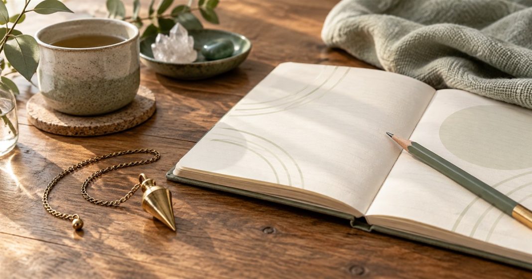 A pendulum lying beside a journal and pencil for drafting clear questions.